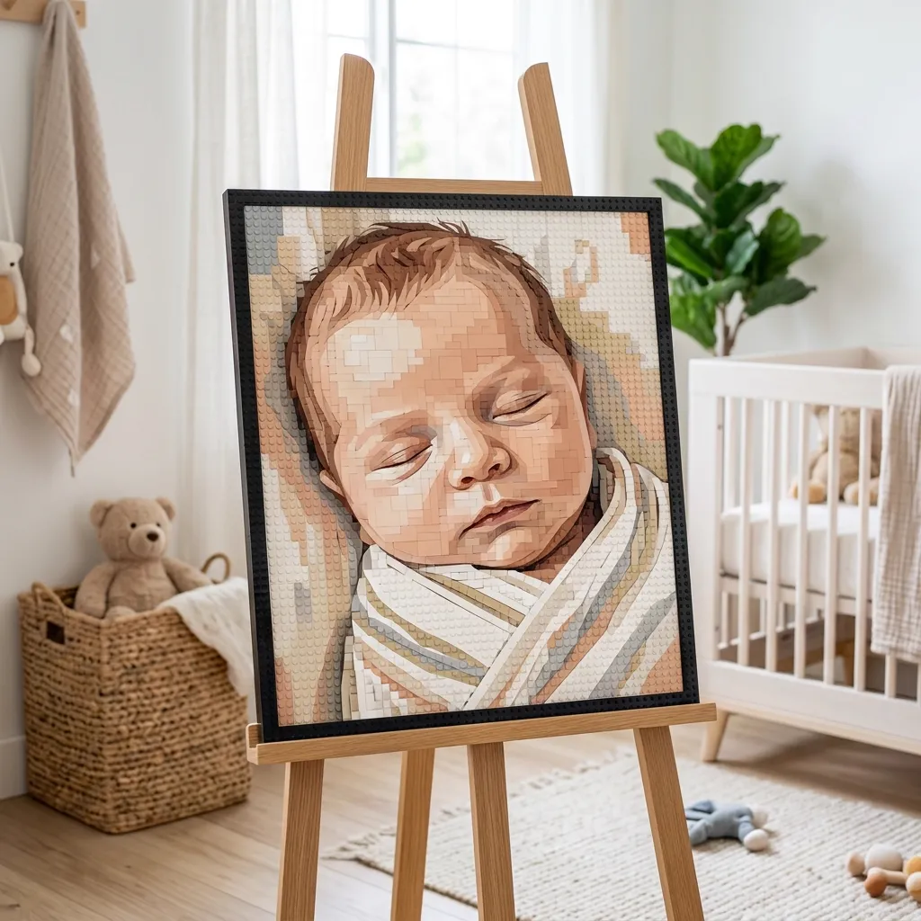 A baby portrait LEGO-compatible mosaic showcasing a sleeping newborn.