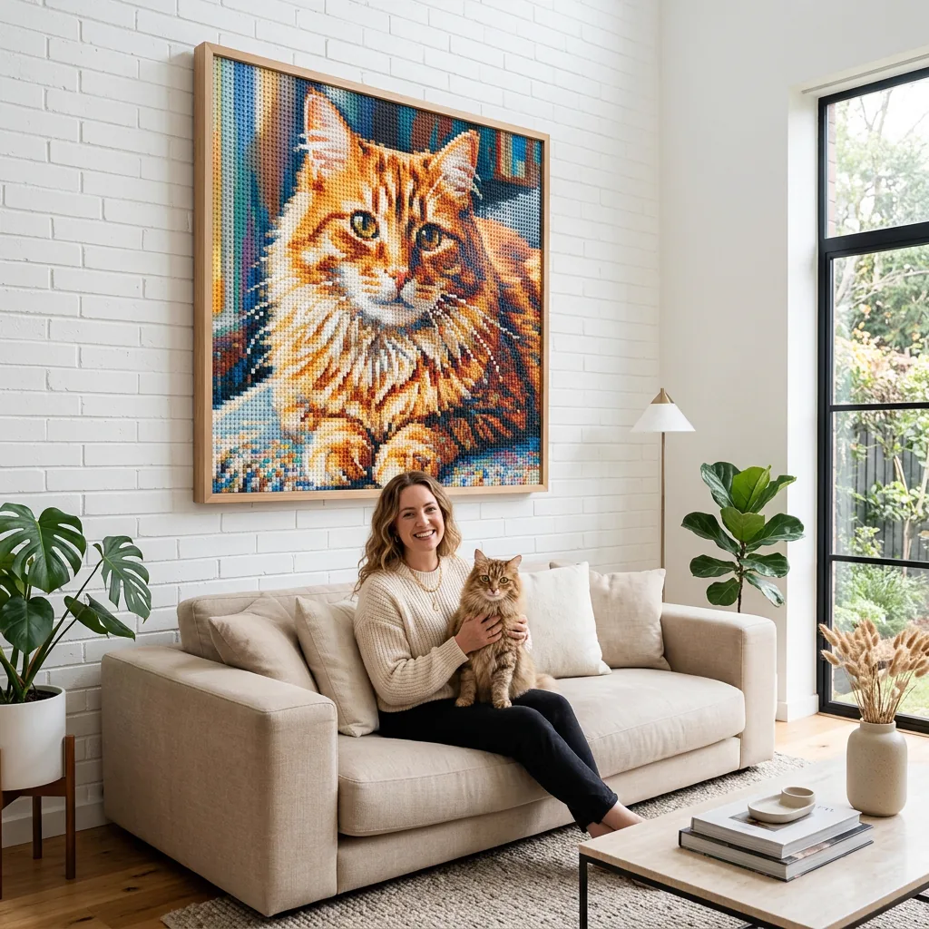 A completed custom pet portrait LEGO-compatible mosaic of a cat.