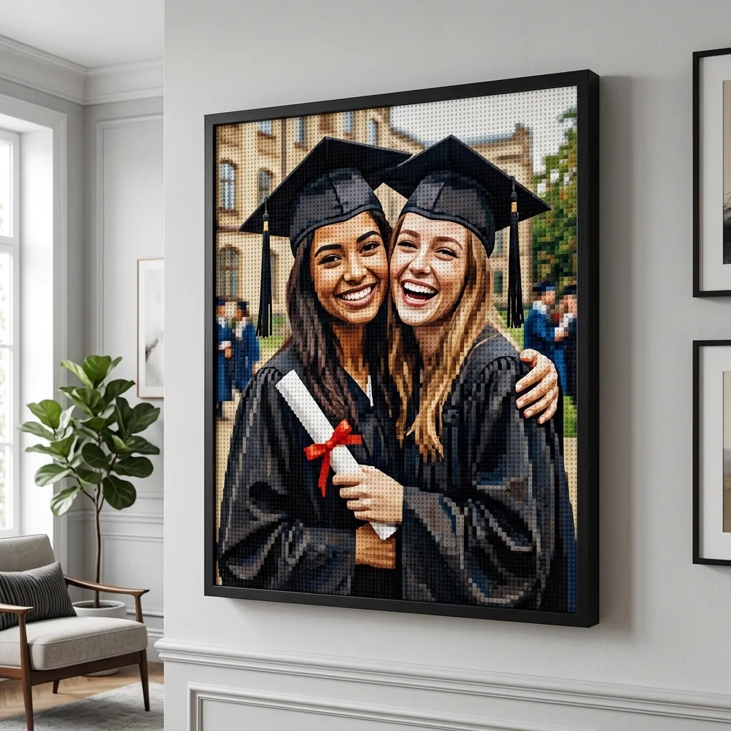 A completed graduation portrait LEGO-compatible mosaic showcasing a graduate.