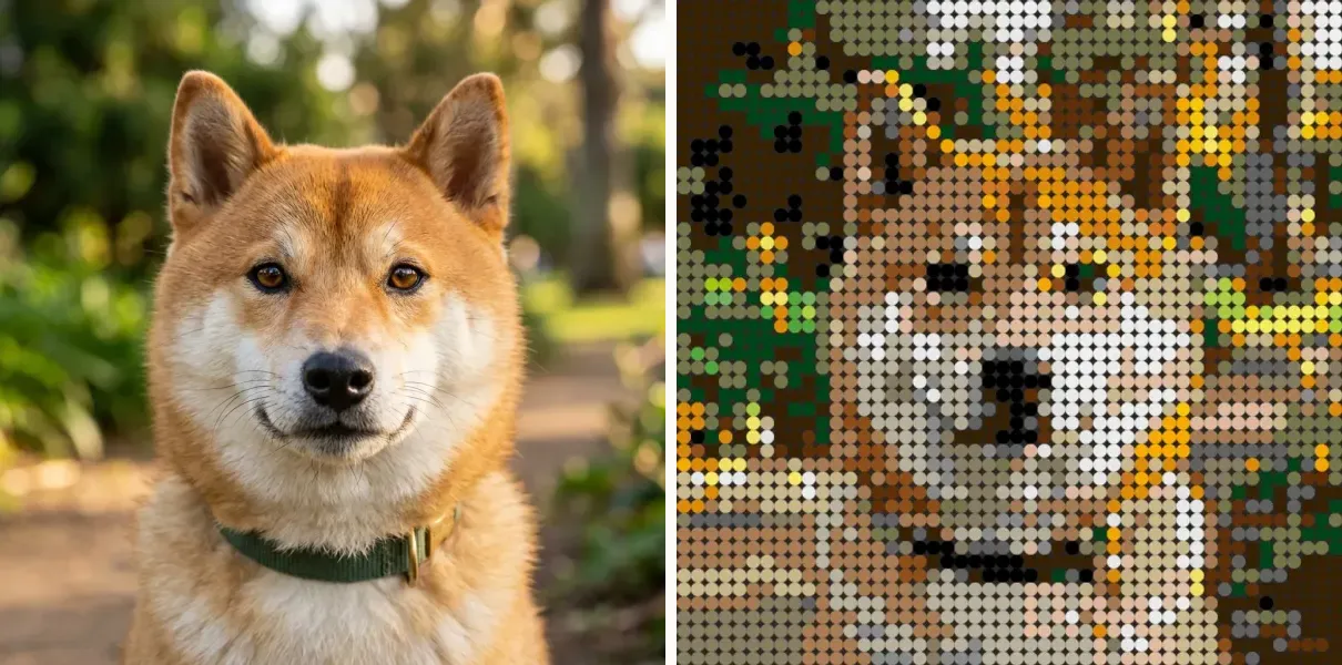 Side-by-side comparison of the original dog photo and its completed 48x48 round tile mosaic rendering.