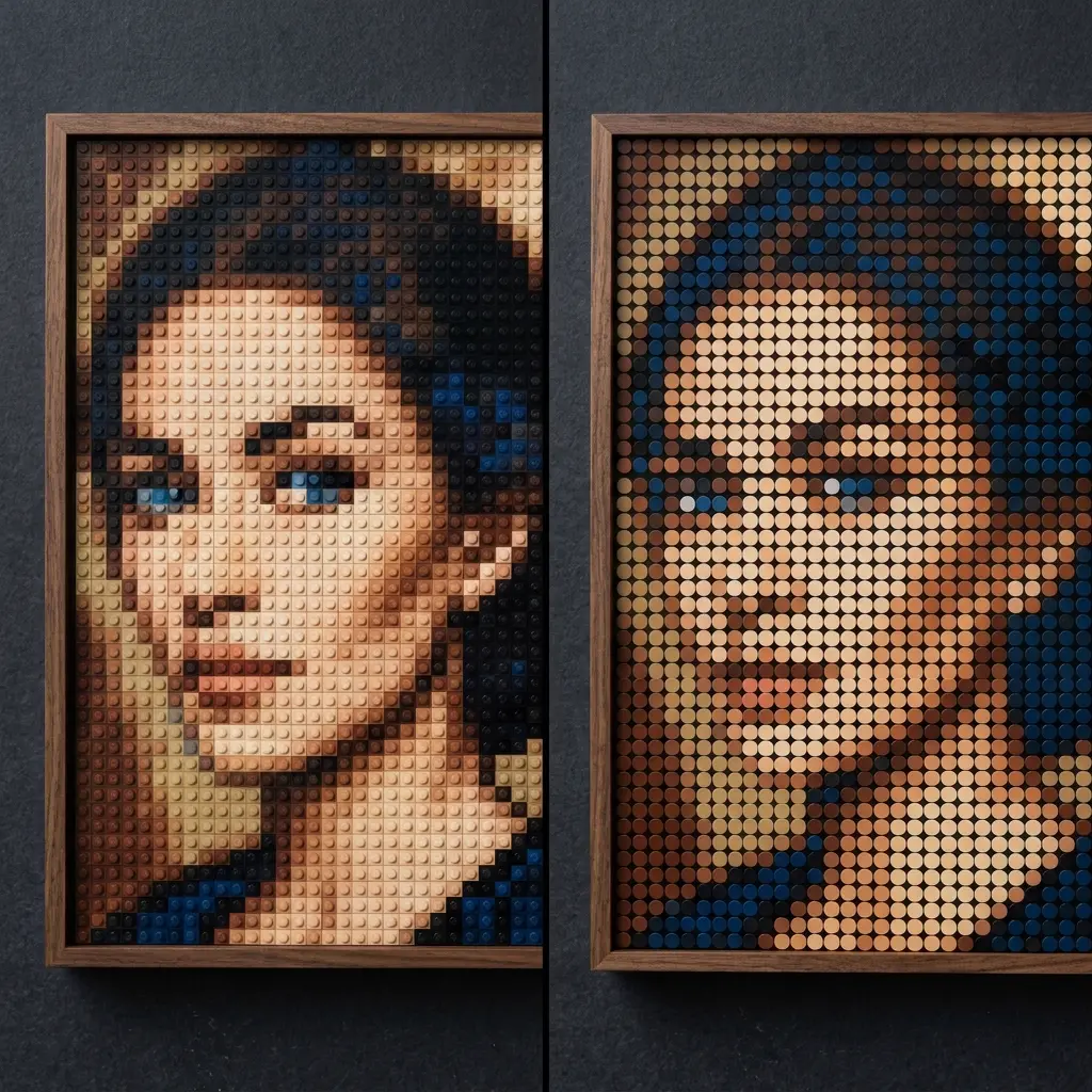 Close comparison of a LEGO-compatible mosaic rendered with square plates and round tiles.