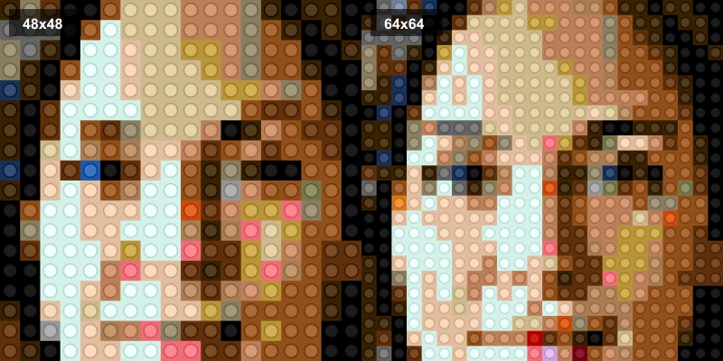Side-by-side detail zoom of 48x48 vs 64x64